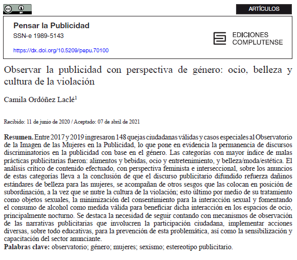 Publicación del artículo «Observar la publicidad con perspectiva de género: ocio, belleza y cultura de la violación»